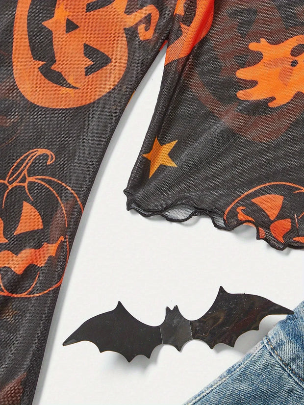 European and American fashion style pumpkin pattern mesh T-shirt