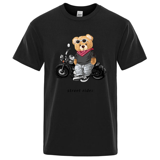 Motorcycle Enthusiast Street Ted Rider Printed T-Shirt Men Loose Casual Short Sleeves Summer Breathable Tee Cotton Clothing