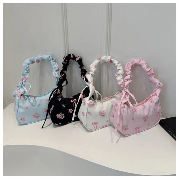 Hand Bags for Ladies Summer Women's BM Style Floral Canvas Pleated Tote Bag Korean Flower Bow Printed Zipper Cute Armpit Bag