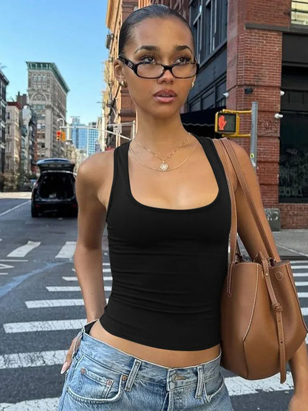 Women's Sleeveless Bodycon Crop Tank – Square Neck, Solid Color, Y2K Style