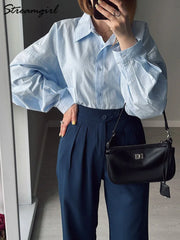 Basic Oversized Button Up Shirts Women Summer Tops Cotton Office Wear Woman Loose Blue Blouses Women Yellow Shirts Long Sleeve