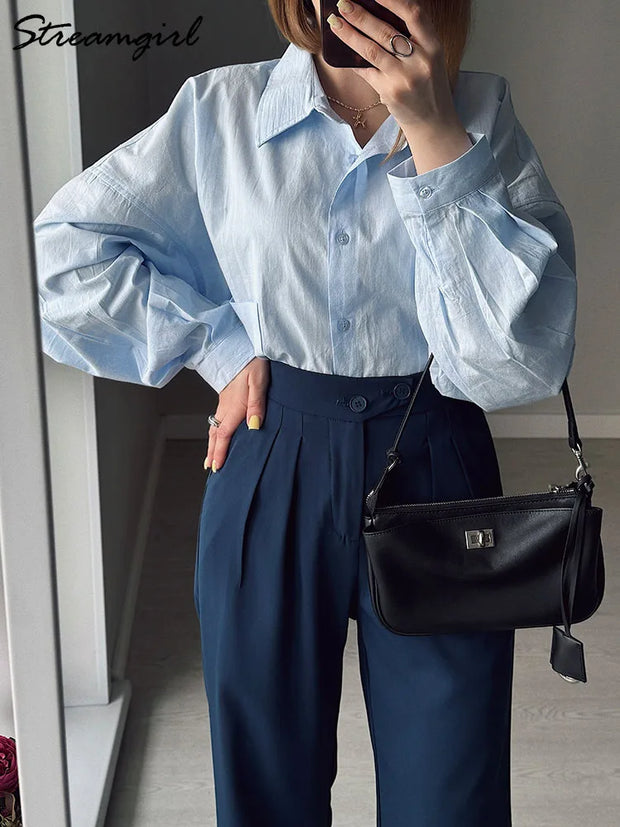 Basic Oversized Button Up Shirts Women Summer Tops Cotton Office Wear Woman Loose Blue Blouses Women Yellow Shirts Long Sleeve