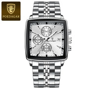 POEDAGAR Men's Square Chronograph Watch – Waterproof, Luminous, Stainless Steel Quartz Timepiece