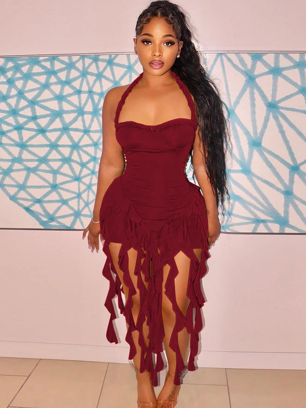 Hugcitar Elegant Halter Solid Ruffles Backless Taseel Sexy Slim Mini Dress Spring Women Cute Outfits Birthday Party Vacation