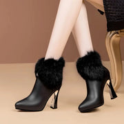 Fall/Winter Fashion Pointed Toe Inner Platform Rabbit Fur Block Heel Heels Side Zip Booties Elegant Ankle Boots