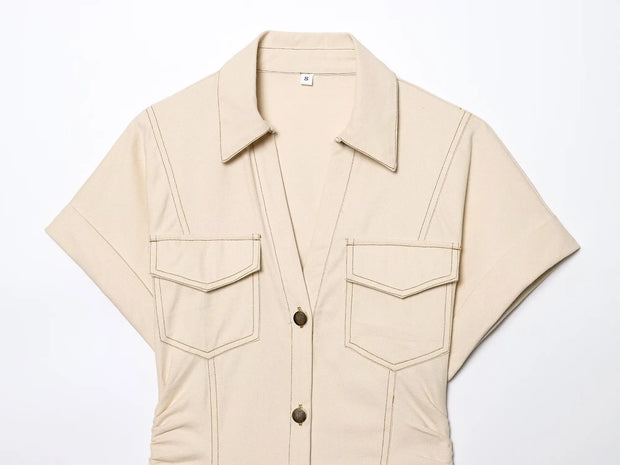 ETJ 2025 summer new TRAF women's elegant fashion waist pleated V-neck short-sleeved temperament denim MIDI dress