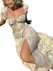 Elegant Women s Maxi Dress with Puff Sleeves Lace-Up Detail Floral Print and High Side Split for a Stylish Look