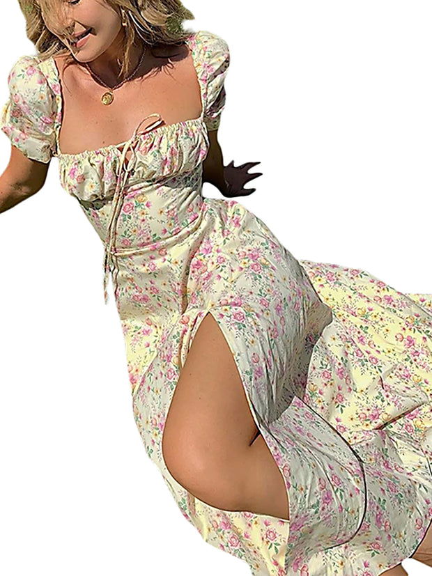 Elegant Women s Maxi Dress with Puff Sleeves Lace-Up Detail Floral Print and High Side Split for a Stylish Look