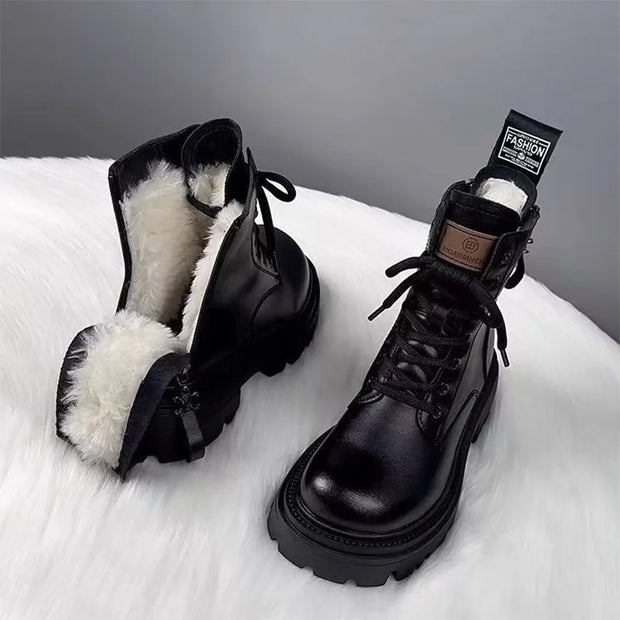 Ankle Boots for Women's Flats Platform Shoes 2025 Winter Sport Snow Boots New Trend Short Plush Lace Up Leather Fad Mujer Botas