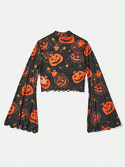European and American fashion style pumpkin pattern mesh T-shirt