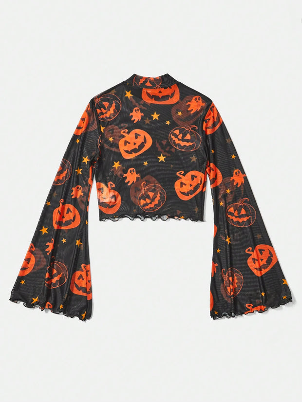 European and American fashion style pumpkin pattern mesh T-shirt