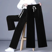 Autumn Winter Fleece Wide Leg Pants Women High Waist Loose All-match Straight Casual Trousers Simplicity Lacing Elastic Waist