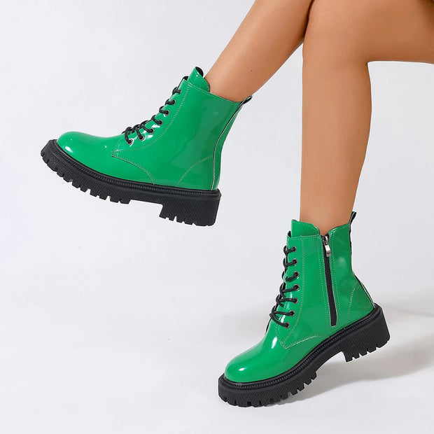 Fall and Winter Thick Bottom Riding Boots Waterproof Platform Lacing Fashion Women's Boots Green Black Large Size 42