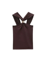 TRZA Women's Knit Halterneck Tank – Gold Appliqué Camisole with Wide Straps