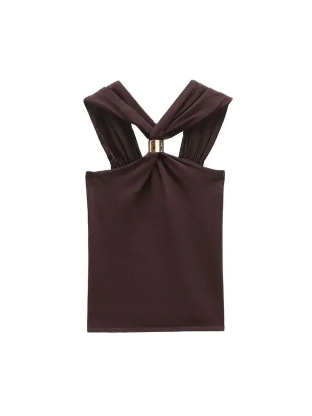 TRZA Women's Knit Halterneck Tank – Gold Appliqué Camisole with Wide Straps