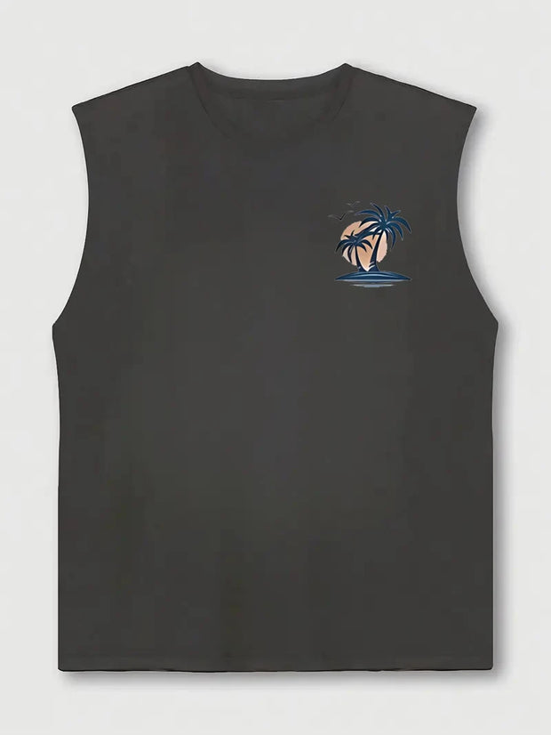 Men's Sleeveless Summer Tank – Coconut Tree & Surfboard Print, Breathable Leisure Fit