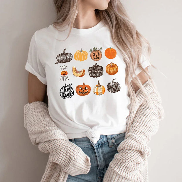 Fall Harvest Pumpkins Jack O Lantern Women T-Shirt Halloween Shirt Short Sleeve Graphic T Shirts Cute Halloween Pumpkin Tshirt