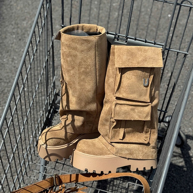 2025 Fall Winter New Brown Fashion Boots Versatile Platform Heightened Vintage Trouser Heel Boots Women