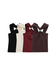 TRZA Women's Knit Halterneck Tank – Gold Appliqué Camisole with Wide Straps