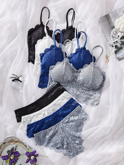 4PCS Women's Lace Lingerie Set – Non-Wire Bralette & Transparent Low-Rise Briefs
