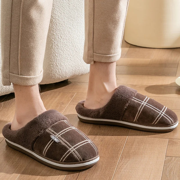 Large size 50-51 Plaid House Slippers for Man Memory Foam Winter Plush Indoor Male Shoes Warm Home Slippers 2024 Non Slip Black