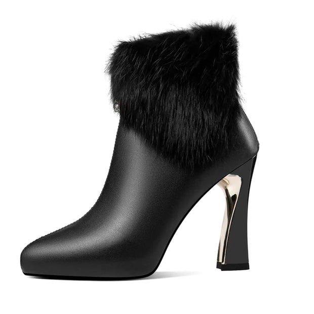 Fall/Winter Fashion Pointed Toe Inner Platform Rabbit Fur Block Heel Heels Side Zip Booties Elegant Ankle Boots