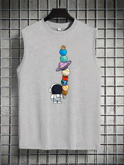 Men's Sleeveless Astronaut Print Tank – Breathable Summer Fitness & Leisure Wear