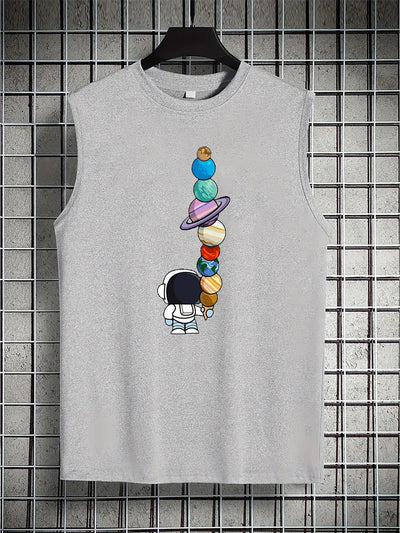 Men's Sleeveless Astronaut Print Tank – Breathable Summer Fitness & Leisure Wear