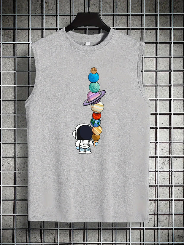 Men's Sleeveless Astronaut Print Tank – Breathable Summer Fitness & Leisure Wear