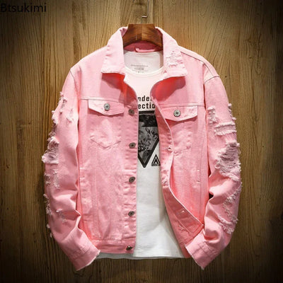New 2025 Men's Fashion Jeans Jacket Solid Spring Autumn Cotton Denim Jacket Men Red White Black Pink Ripped Hole Jean Coats Male
