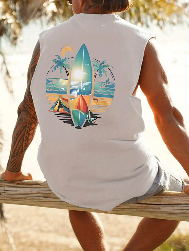 Men's Sleeveless Summer Tank – Coconut Tree & Surfboard Print, Breathable Leisure Fit