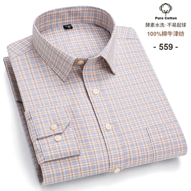 New Men Social Shirt Long Sleeve 100%Pure Cotton Oxford Soft Formal Male Clothes Oversized Pocket Shirt Men clothing S-7XL