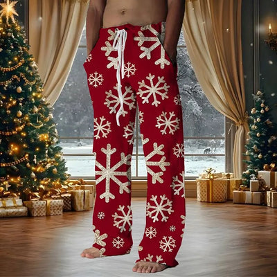 2025 Christmas Men's Snowflake Pants Trousers Drawstring Elastic Waist Casual Holiday Christmas Party Straight Leg Trousers