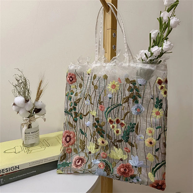 Fashion Tote Bag Summer New Style Mesh Full Embroidery Flowers Clear Shoulder Bag Romantic Handbag Girl Women's Eco Shopping Bag