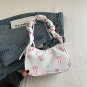 Hand Bags for Ladies Summer Women's BM Style Floral Canvas Pleated Tote Bag Korean Flower Bow Printed Zipper Cute Armpit Bag