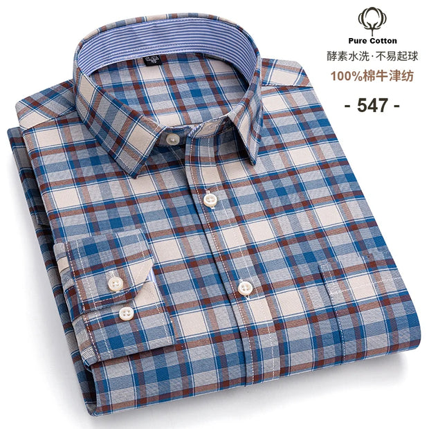 New Men Social Shirt Long Sleeve 100%Pure Cotton Oxford Soft Formal Male Clothes Oversized Pocket Shirt Men clothing S-7XL