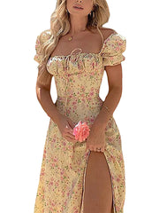 Elegant Women s Maxi Dress with Puff Sleeves Lace-Up Detail Floral Print and High Side Split for a Stylish Look