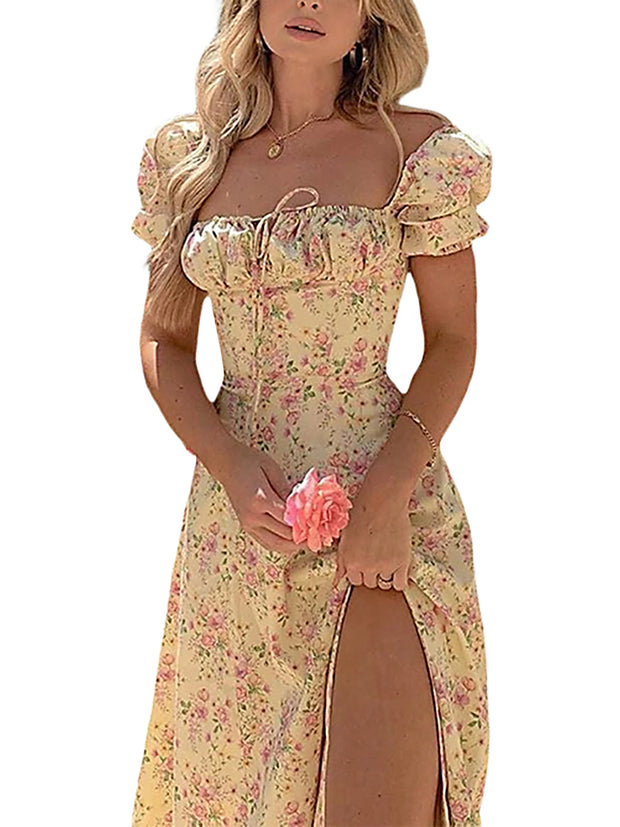 Elegant Women s Maxi Dress with Puff Sleeves Lace-Up Detail Floral Print and High Side Split for a Stylish Look