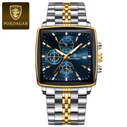 POEDAGAR Men's Square Chronograph Watch – Waterproof, Luminous, Stainless Steel Quartz Timepiece