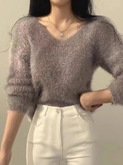 Women's Soft Cozy V-Ne Sweater Autumn Winter Faion Sweet Large V-Ne Knitted Top Women's Faion Trendy Sweater