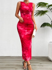 Women's 2024 Spring Summer New Fashionable Printed Round Neck Style Slimming Sleeveless Tight Dress With Split Bottom