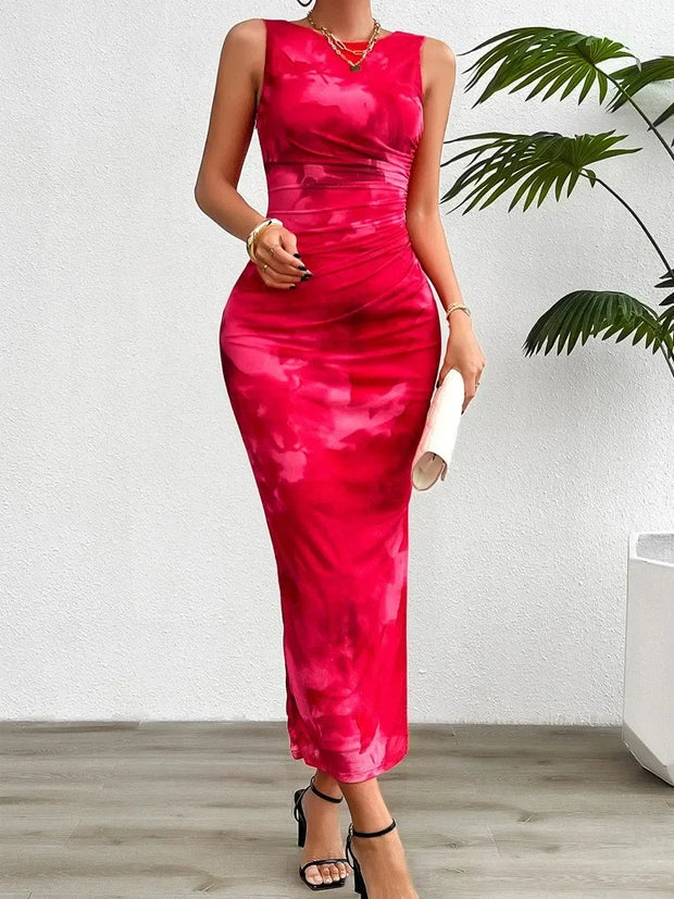 Women's 2024 Spring Summer New Fashionable Printed Round Neck Style Slimming Sleeveless Tight Dress With Split Bottom