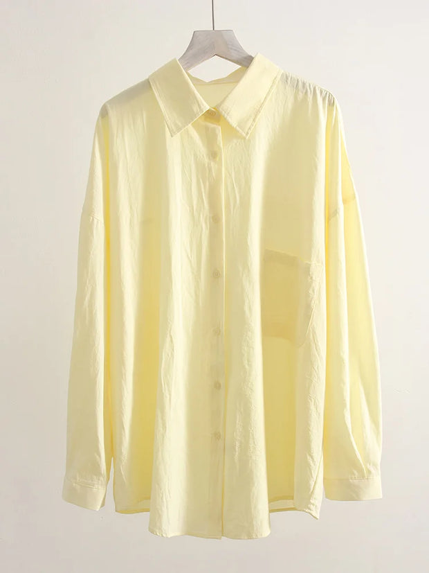 Basic Oversized Button Up Shirts Women Summer Tops Cotton Office Wear Woman Loose Blue Blouses Women Yellow Shirts Long Sleeve