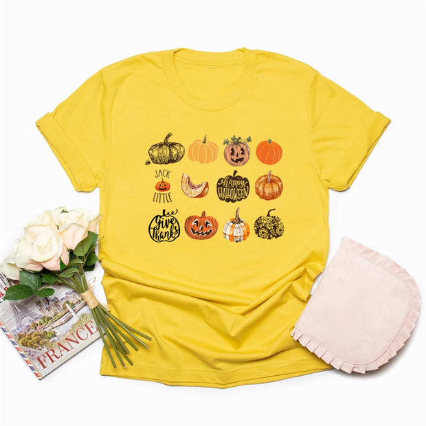 Fall Harvest Pumpkins Jack O Lantern Women T-Shirt Halloween Shirt Short Sleeve Graphic T Shirts Cute Halloween Pumpkin Tshirt