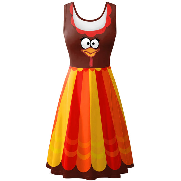 Nadanbao Funny Turkey Print Dress Summer U-neck Sleeveless Dresses Thanksgiving Family Party Women's Clothing Casual Lady Outfit