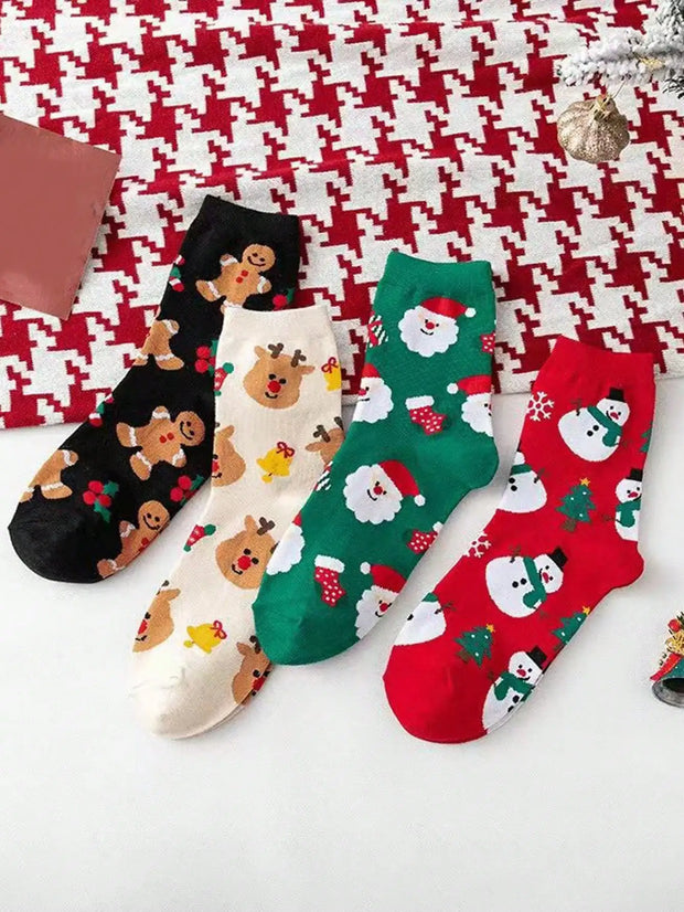 Christmas Themed Warm Cotton Socks Cute Feature Single Or Four Pairs Pack Holiday Cheerful Cozy Footwear