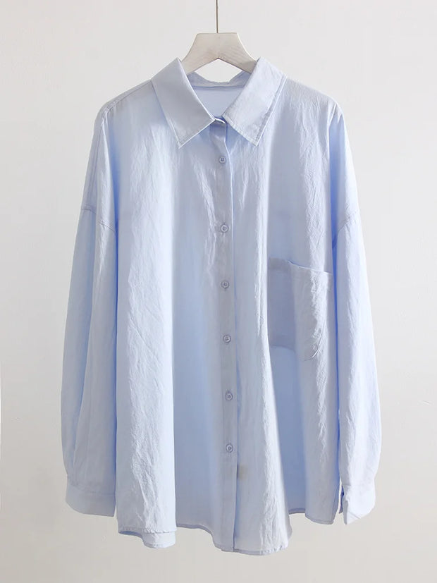 Basic Oversized Button Up Shirts Women Summer Tops Cotton Office Wear Woman Loose Blue Blouses Women Yellow Shirts Long Sleeve