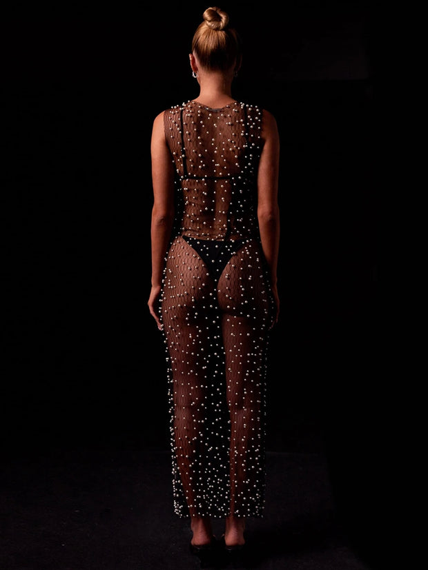 Women s Sheer Mesh Dress Sleeveless Round Neck Pearl Long Dress Bikini Cover Up Dress