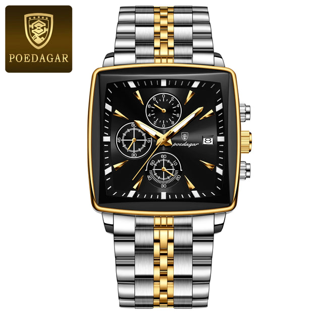 POEDAGAR Men's Square Chronograph Watch – Waterproof, Luminous, Stainless Steel Quartz Timepiece