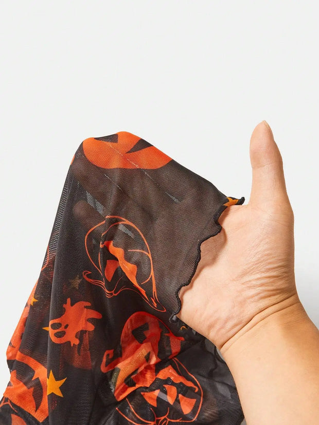 European and American fashion style pumpkin pattern mesh T-shirt